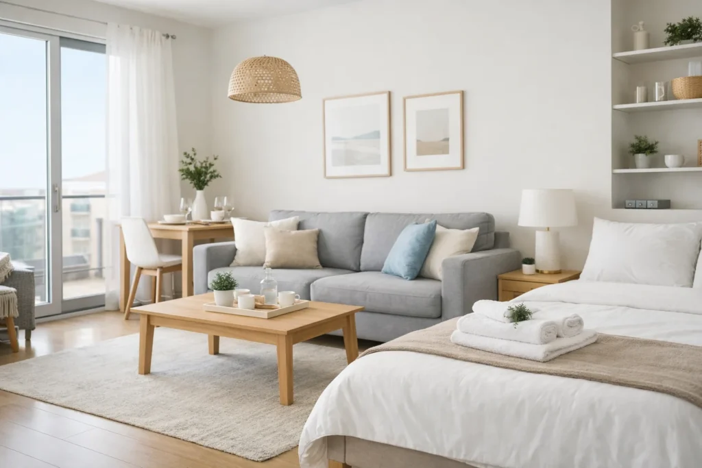 Apartamento turístico moderno y luminoso preparado para huéspedes con sofá gris, mesa de madera y decoración minimalista.