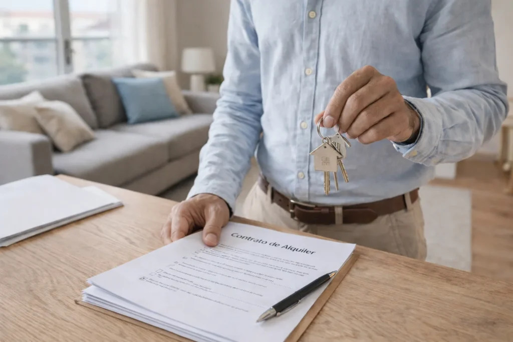 Propietario revisando llaves y contrato de alquiler en una vivienda antes de entregar el inmueble al inquilino.