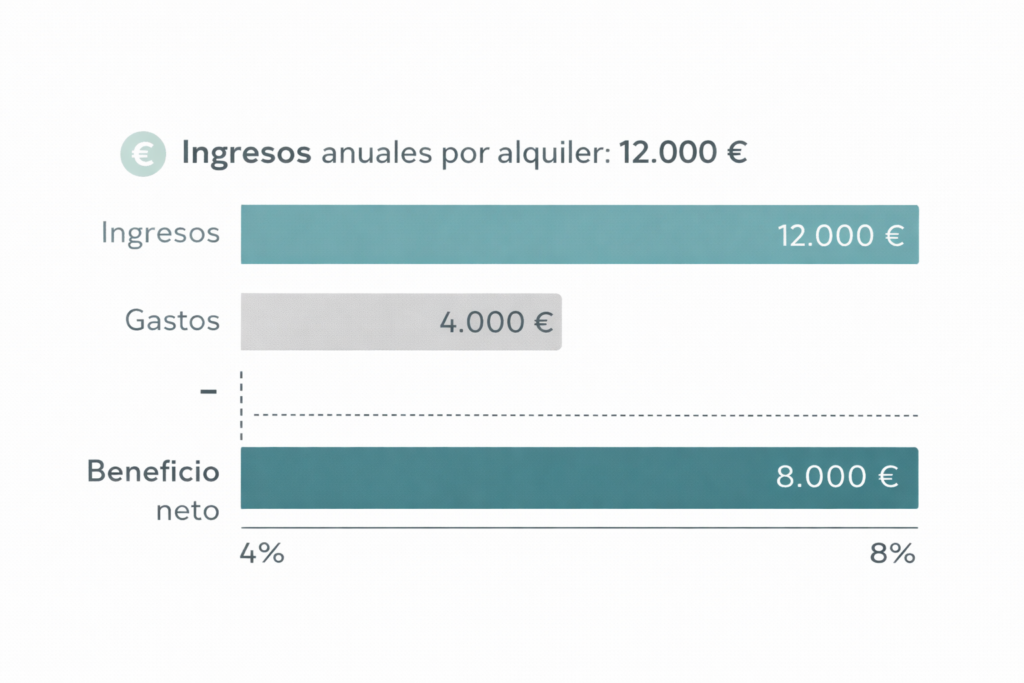 Gráfico de ingresos, gastos y beneficio neto anual de una vivienda en alquiler con 12.000 € de ingresos, 4.000 € de gastos y 8.000 € de beneficio.