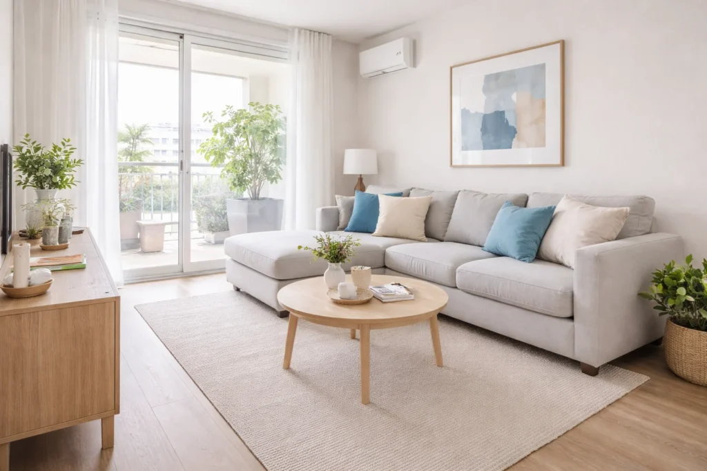 Salón luminoso preparado para alquilar con sofá beige, mesa de madera y decoración minimalista junto a un gran ventanal.