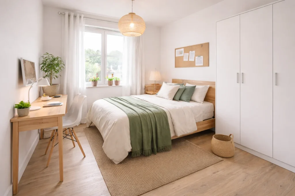 Habitación luminosa preparada para alquilar con cama, escritorio y armario en un piso compartido.