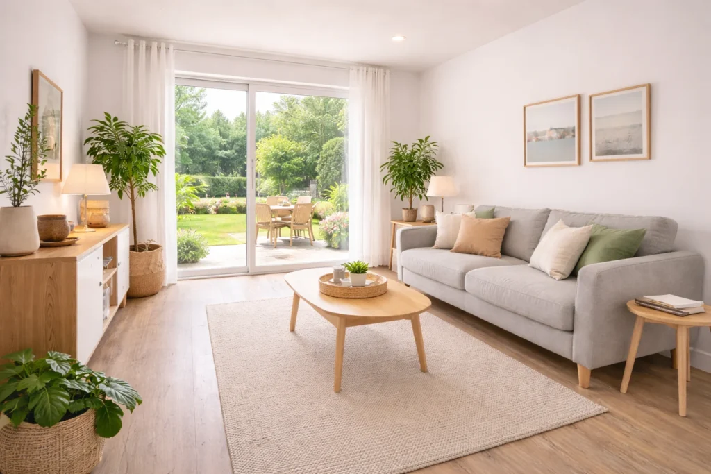 Salón luminoso preparado para anuncio inmobiliario con gran ventanal y vistas a un jardín exterior.