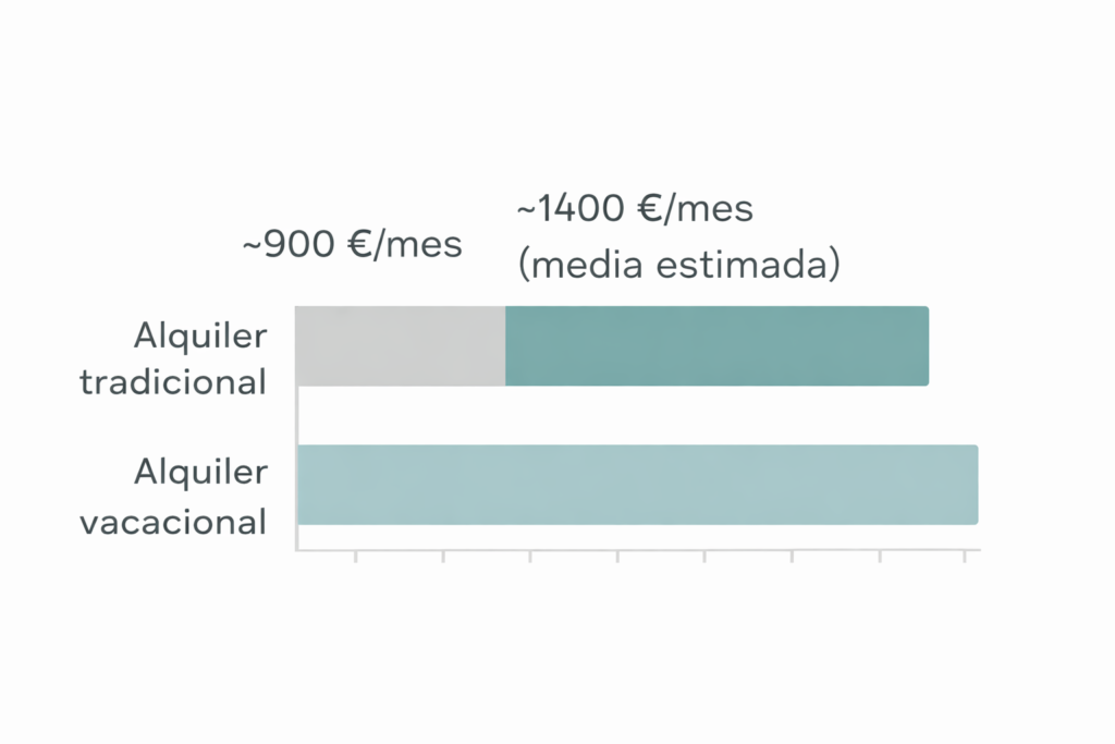 Gráfico comparativo de ingresos entre alquiler tradicional (900 €/mes) y alquiler vacacional (1400 €/mes de media estimada).