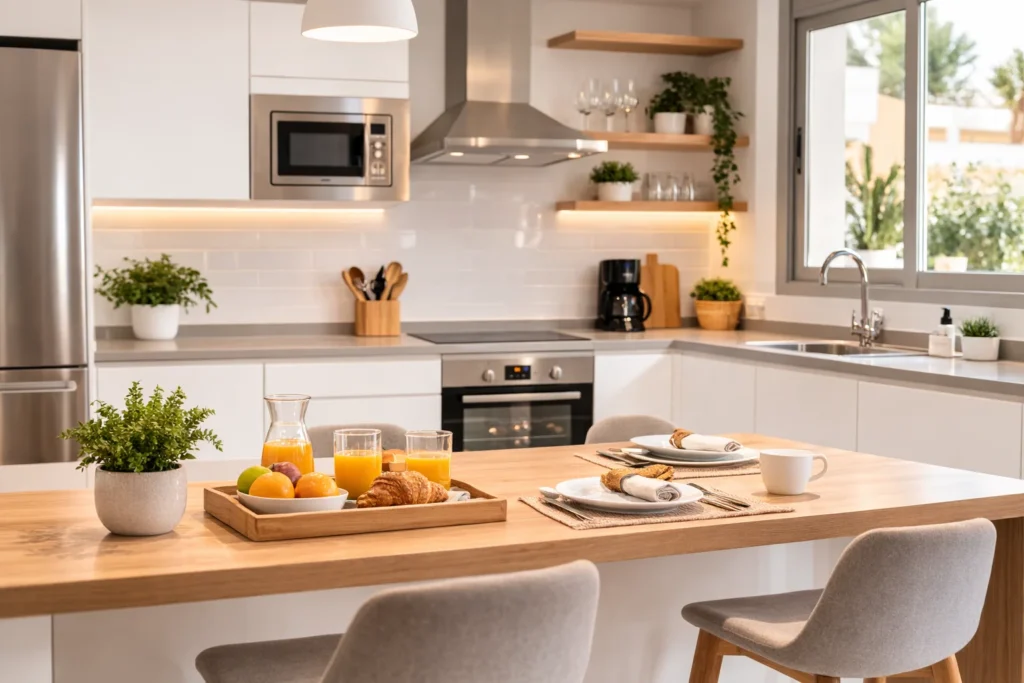 Cocina moderna y equipada para huéspedes en apartamento turístico con encimera de madera, electrodomésticos y zona de desayuno.